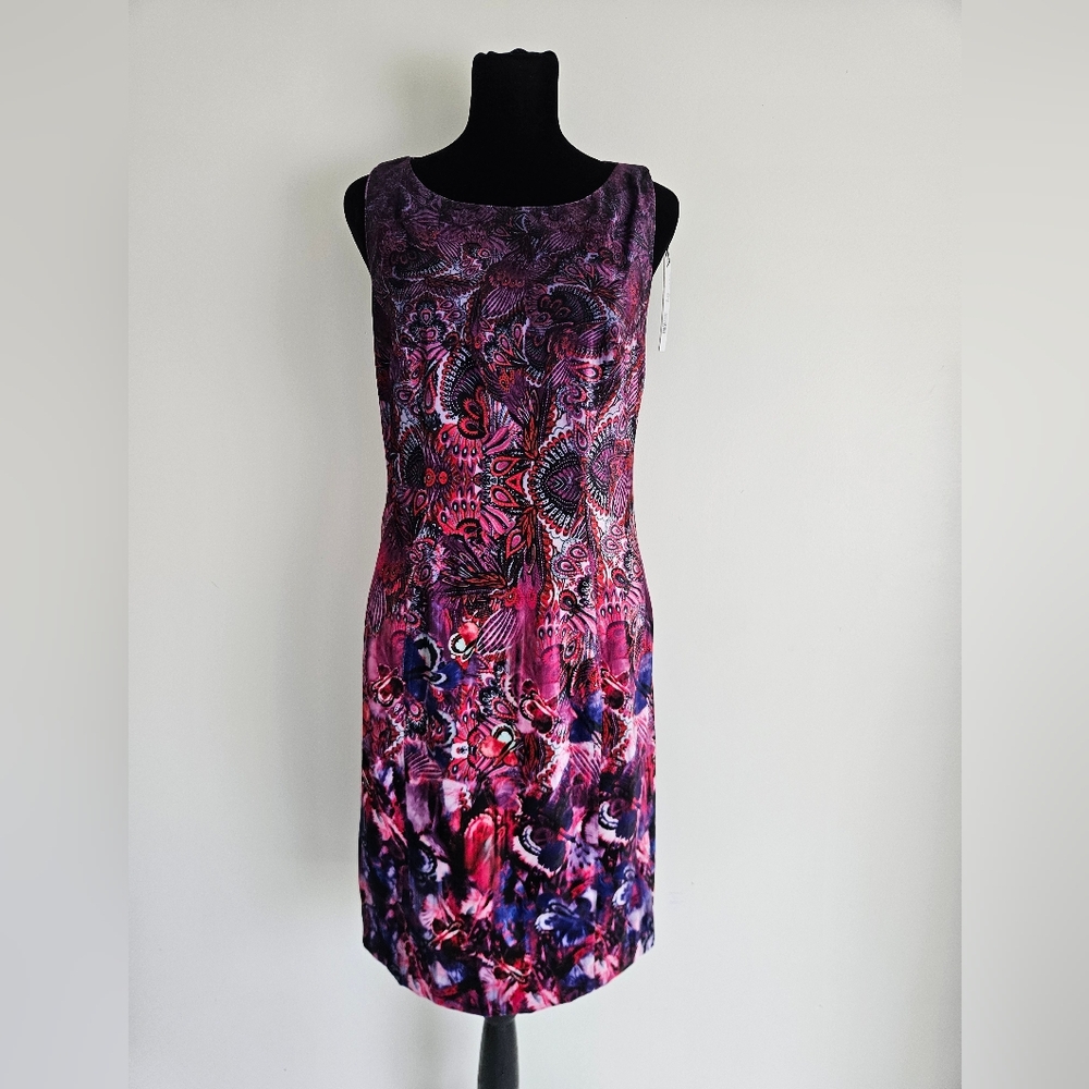 T Tahari Pink and Purple Printed Velvet Sheath Dress